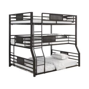 contemporary feel in any room with this triple bunk bed. With the ability to separate into three beds