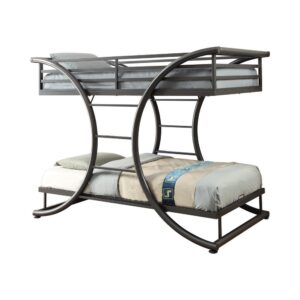 Pour on the captivating design effects. A conventional kids' or guest room transforms into a contemporary delight with this twin-twin bunk bed. Enjoy the dramatic look of a gunmetal finish. With a cool curved ladder