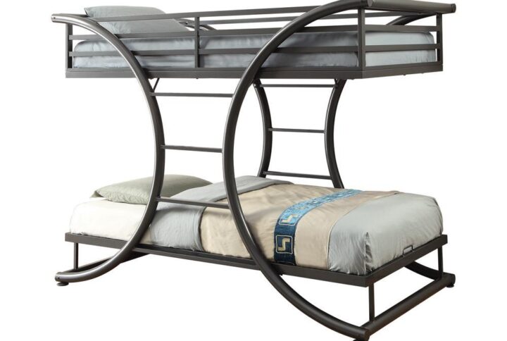 Pour on the captivating design effects. A conventional kids' or guest room transforms into a contemporary delight with this twin-twin bunk bed. Enjoy the dramatic look of a gunmetal finish. With a cool curved ladder