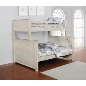 Give your children's bedroom a pastoral makeover with this modern rustic twin over full bunk bed. It's crafted in a gorgeous hand-brushed antique white finish that has a farmhouse appeal. Upper guardrails provide safety