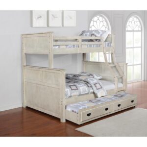 Elevate your child's bedroom extra versatility and sleep space with this modern rustic trundle. It's crafted in an elegant hand-brushed antique white finish for a farmhouse appeal. Front panels and contrasting dark hardware provide a touch of style. Rolling wheels make it easy to pull out and push back under. This handy trundle gives your children's bunk bed added appeal when a sleep over is called for.