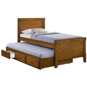 this twin size bed with storage trundle features a warm rustic honey finish and is designed in a Captain's bed style that adds a masculine touch to this twin bed's overall aesthetic. A straight rectangular shaped headboard and footboard features a horizontal plank style pattern that lends a country-inspired flair. In addition
