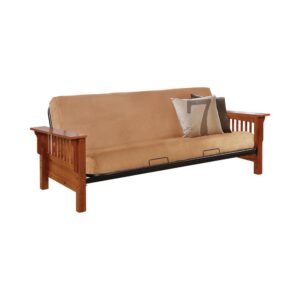 Deluxe futon frame is the ideal support whether you're using it as a sofa or a futon bed. The frame is constructed with solid ash and finished in oak. Black metal backing makes for easy conversion between bed and sofa. Armrests have side slats and are wide enough for elbows or pints. Your choice of futon pad is sold separately.
