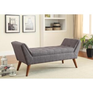 This handsome retro style bench helps give a family room or living room personality. Upholstered in grey linen-like fabric