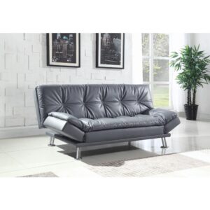 The contemporary Dilleston collection presents this sofa bed and futon that adds distinctive style and function to a family room or living room. It's upholstered in dashing grey leatherette that matches any decor. Plush pillow-top seating simply enwraps you in comfort. Adjustable armrests hold your arms or head