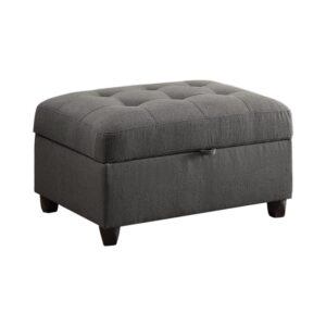 this storage ottoman makes a wonderful and versatile addition for a contemporary space. Gorgeous grey linen-like fabric wraps over a base and lift-top. Tufting brings a textured look and a ton of charm. With black finish legs