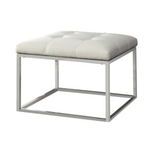 Sleek and stylish. This modern ottoman takes a bit of a turn over conventional fare. Enjoy a box frame in an open concept design and a bright chrome finish. Lovely white leatherette pads its surface