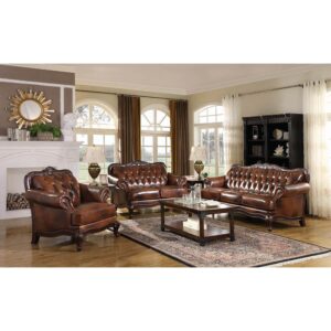 this exquisite sofa offers the best of traditional style. Enjoy attention to detail in its romantic profile. Lovely tri-tone full grain leather creates an expressive atmosphere with upscale elegance. Enjoy charming button-tufting on its seat back and decorative moldings