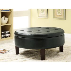 A surprisingly decorative round shape sets this ottoman apart from linear designs. Rich dark brown leatherette delivers a sleek
