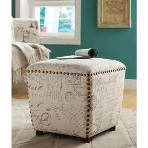 Add a delightful entry to a custom designed vintage space. This charming ottoman is a perfect selection for the finicky designer. Wrapped in oatmeal fabric with a French script print