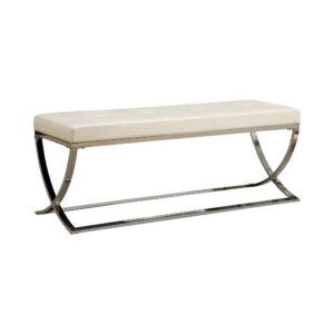 this elegant bench delivers a perfect blend of style and substance. Sit on a padded surface wrapped in white leatherette upholstery. Enjoy the romantic accent of a chrome finish metal frame with gentle contours. Choose this bench for overflow seating in a central room