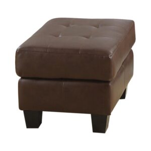 Breathe fresh energy into a transitional space. Classic elements combine to create a tasteful silhouette in this ottoman. Lovely dark brown breathable leatherette upholstery is both sophisticated and easy to maintain. Charming tufting adds a romantic touch to its rectangular surface. Cappuccino finish legs wrap up a seamless palette.