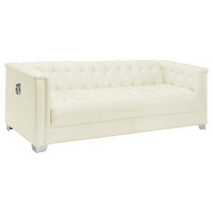 Gleaming ring handles impart glam flair in this modern living room seating set. Delivering a sofa