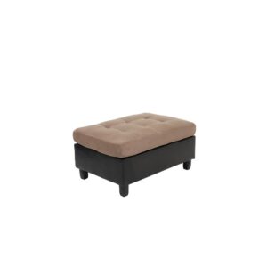 Luxurious ultra plush padded textured velvet creates an upscale motif in this tri-tone ottoman. Put an earthy palette of tan and brown to good use in a living room or entertaining room in need of extra seating or a footrest. Its main body is wrapped in leather-like vinyl for easy care. Tufting on its padded surface adds a decorative touch. This fashionable ottoman is a perfect accessory for a seating group or as a standalone piece.