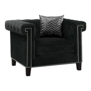Character on parade. Capture deserved attention with this exceptional black armchair. Fun design elements include a high profile tuxedo silhouette that spans traditional with modern. A kiln dried hardwood encased frame builds a solid platform softened with feather blend seat cushions. Throw tufting and nail heads into the mix
