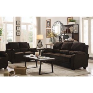 Relax in the casual comfort of plush cushions from this two-piece living room set. Complete with padded arms