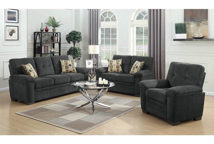 Streamlined silhouettes from this three-piece set are modern and charming. Soft upholstery marries decorative button tufting on the back cushions of the sofa