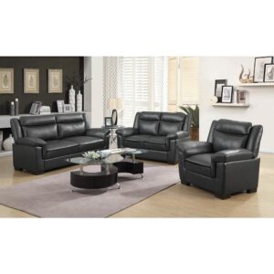 This three-piece living room set combines luxury and comfort. The plush cushions and padded head rests are upholstered in sleek fabric. Modern and elongated