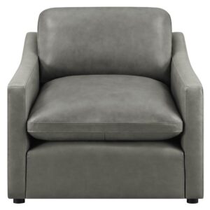 this grey armchair is everything you want for style and comfort. Instantly notice its sloped track arms that make it ideal for lounging. Get cozy and read a book in the deep cushioning that's filled with down alternative. Luxuriously soft