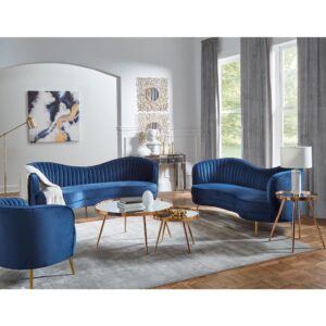 Art Deco never looked so dramatic! This retro-inspired seating set features a vivid deep blue velvet upholstery throughout