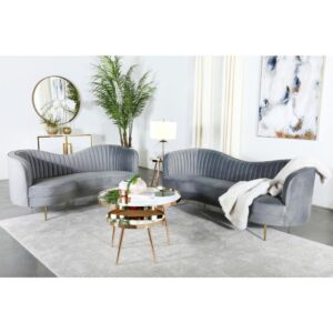 Fashionable matching pieces inspired by artistic mid-century design add a romantic allure to any space when this two-piece sofa set becomes a focal point. Create an artful look with this set featuring decadent gray velvet upholstery and gleaming gold finish stainless steel tapered legs. The dimensional factor of vertical channeling presents an interesting visual to each piece’s interior back