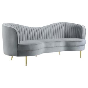 this three-piece sofa set offers all that’s needed to begin a romantic living space motif. Give a living room or family room its best design life with this set built with frames fully encased in solid wood and covered in decadent gray velvet. Vertical channeling on back interiors highlights the iconic kidney shape of its sofa and loveseat and add dimensionality to an extra comfy accent chair. Set atop slender