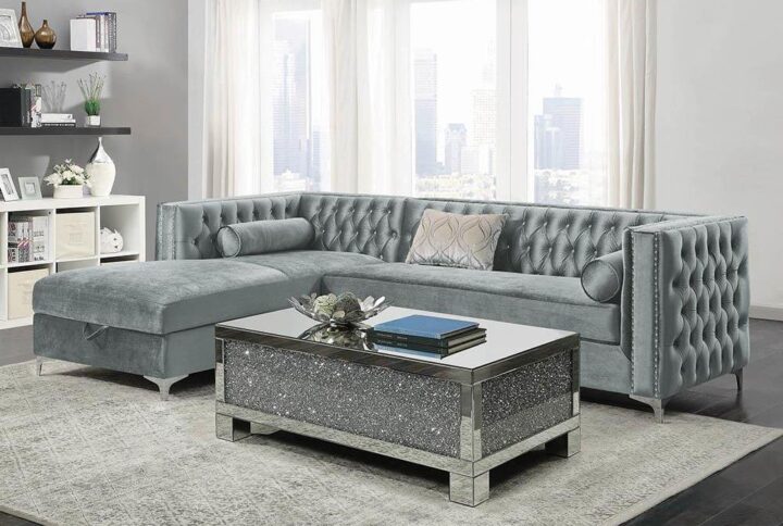Contemporary style from this grey chaise sectional dresses up any living room. Glamorous and brilliant