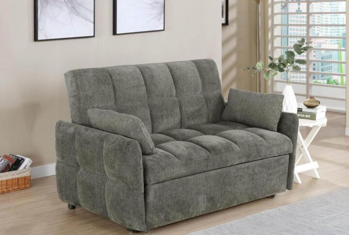 Get the best of both worlds for snoozing and lounging with this sleeper sofa. All over-tufting enhances the comfort of the chenille fabric. Slim arms and a rounded rectangular backrest give it a modern flair as a stylish sofa. Fold down the backrest to easily create sleeping space for guests. A pull-out sleeper mechanism makes this an easy-to-use upgrade for a living room or guest bedroom.
