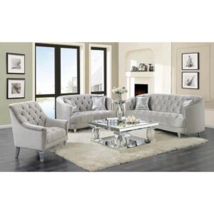 This stationary sofa is as stylish as it is functional. It features an appealing button-tufted design that imparts elegance. Seat back leads to a wraparound armrest that surrounds you in comfort. Extra thick cushions ensure hours of relaxed contentment. It comes wrapped in opulent grey material that will steal the show in your living room.