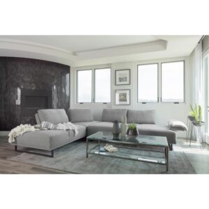 Add modern stylishness to your space with this magnificent contemporary sectional sofa. It is exceptionally upholstered in an elegant taupe woven fabric that's soft to the touch. The powder coated black base features U-frame legs for sturdiness. One end has an open chaise-like design