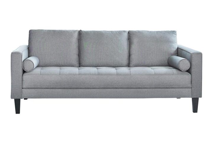 Update the look and feel of your home with this trendy Mid-Century Modern sofa. It comes in an elegant charcoal finish that's well matched to most other decor. A plush bench cushion with grid-like tufting makes for comfortable seating. Each thin track arm is fashioned with self-welt details for visual appeal. Bolster pillows on each end