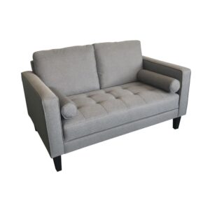 Brighten the look and feel of your home with this trendy Mid-Century Modern loveseat. The cool charcoal finish adds an elegant air that's well matched to most other decor. You'll love the coziness of the plush bench cushion with grid-like tufting. The thin track arms are each fashioned with self-welt details for visual appeal. Add in bolster pillows on each end