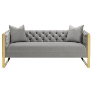 but it's the cozy comfort that will have you falling head over heels. First to catch your eye is the button tufted velvet upholstery in a cool light grey finish