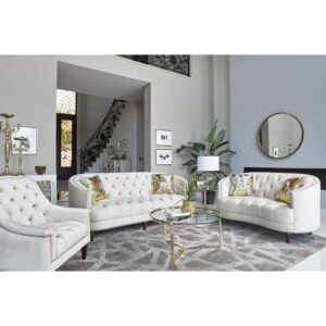 Elegance and glamour combine in this contemporary sofa and loveseat set