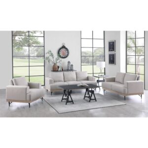 this wood and metal loveseat is a step above the rest. Stylish track arms and sleek