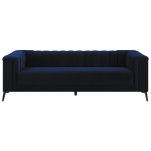 you'll love the bench-style seat with pocket coil springs for comfort and support. The shelter back and inside arms are crafted with deep vertical channels that are a visual delight. Tapered black metal legs bring the entire design together for a sofa that will transform the vibrancy of your home.