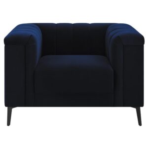A sumptuous transitional accent chair will be a vibrant addition to your home. You'll love the stunning navy blue matte velvet fabric upholstery for its softness and visual appeal. The bench-style seat with pocket coil springs will offer the perfect comfort and support for your needs. Deep vertical channels highlight the shelter back and inside arms. Tapered black metal legs put the finishing touches on this vibrant chair that will become a family favorite.