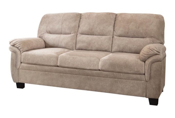 The style and design of this plush transitional sofa gives your living space a serene ambiance. You'll enjoy coming home after a hard day and relaxing in the comfort of sumptuous high backrests and pillow top armrests. It's wrapped in an elegant beige velvet upholstery that's soft and oh-so-touchable. Individual seat cushions make for pleasant seating alone or with a group. The tufted seat backs give the sofa a visual appeal