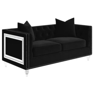 this contemporary loveseat lends a Hollywood regency vibe to any space. Elevating the style even further is a classic button tufted interior backrest and slim straight arms