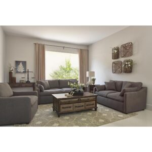 This two-piece living room set includes a sofa and loveseat with thin
