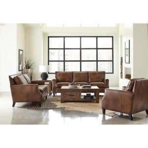 Friends and family will remember your exceptional taste in style when they see this brown sugar loveseat. Upholstered in soft leather grain fabric