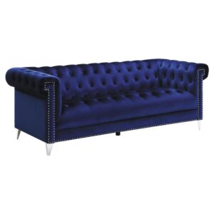 Featuring a bold blue velvet upholstery