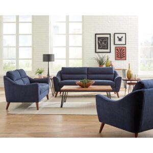 Designed with a navy blue woven fabric and a mid-century style
