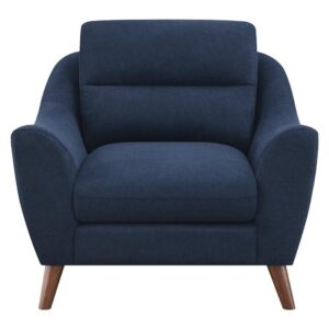 this mid-century modern chair is wrapped in a navy blue woven fabric