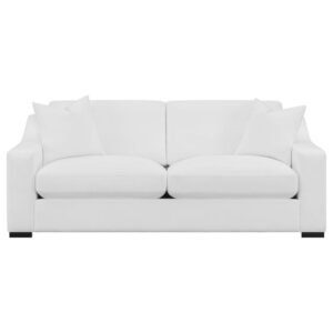 featuring a white trillium polyester blend fabric that covers elegant sloped track armrests as well as reversible box seat and back cushions with top stitching details. Block style legs in a handsome