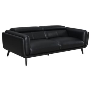 Complete your compact living room or entertainment area with this tuxedo-inspired contemporary sofa set. Sink into the plush attached seat cushions between padded double track shelter arms to relax at the end of a long day. Tall backs with lumbar support offer a comfy way to kick back too. Flared tapered legs in a dark brown finish peer out from beneath in a dramatic fashion