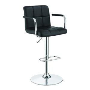 Easy elegance for a casual space. Add a bold enhancement to a transitional bar area. This bar stool captures a mixed motif with a mid-century modern flavor and a fully contemporary appeal. Black leatherette adds a dynamic contrast to a polished chrome finish wide base with a footrest for added comfort. Add hours of comfortable entertaining in a bar space.
