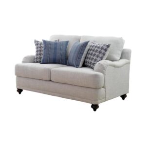 this loveseat shines with a light grey linen-like upholstered cover. Two reversible cushions T-cushions create comfort and stay in shape