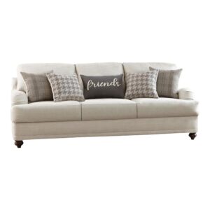 Add a delightful presence to your living room or den and make it an inviting place for friends and family. This two-tone modern farmhouse sofa helps confirm that friends are always welcome. It features light grey linen-like seat cushions that are reversible