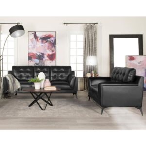 The sleek look of black leatherette offers a sophisticated ambiance to this two-piece sofa and loveseat set